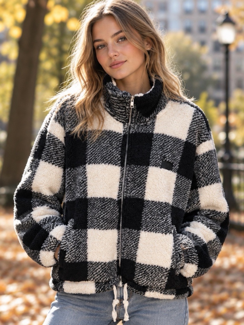 Hurley Black White Buffalo Plaid Sherpa Fleece Jacket Size Large